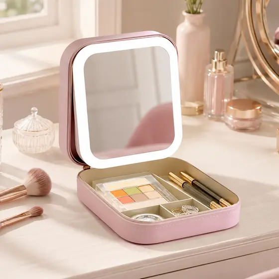 Caixa Estojo Cosmético De Viagem Com Luzes De LED Espelho De Armazenamento Moda