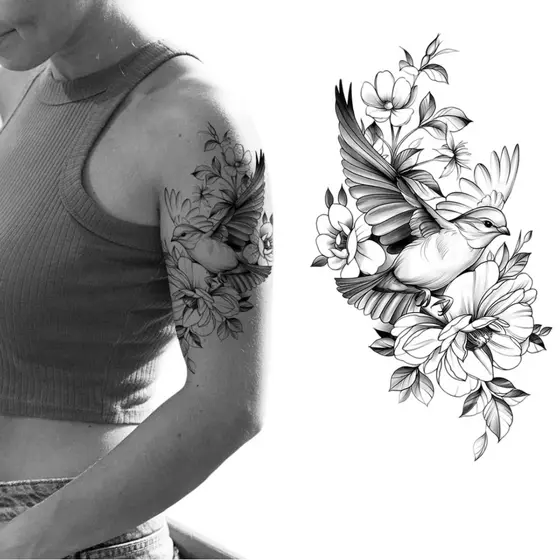 Tatuagem Temporária Delicada Feminina Beija Flor Real Floral 9x17cm