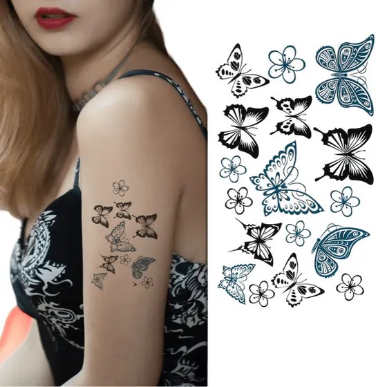 Tatuagem Temporária - Borboletas e Flores Delicadas Lindas - 6x10cm