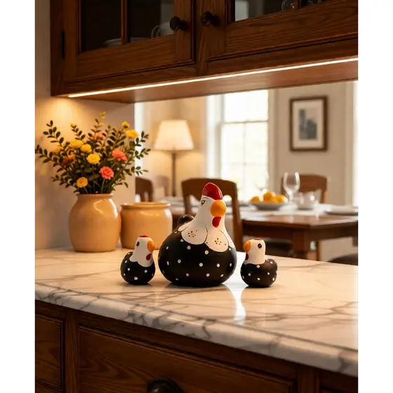 Trio Miniatura Galinha do Norte Cerâmica Decorativo