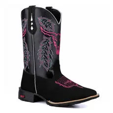 Bota Texana em Couro Legítimo Preto com Bordados Rosa – Conforto, Estilo e Qualidade Premium