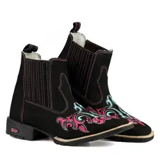 Botina Texana Couro Legítimo Preto Bordado Étnico Rosa Azul Solado Borracha Costurado Bico Quadrado