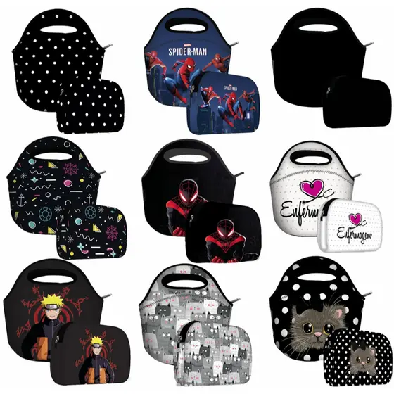 Kit Lancheira Bolsa Com Necessaire preto escolar colorido Liso Isoprene