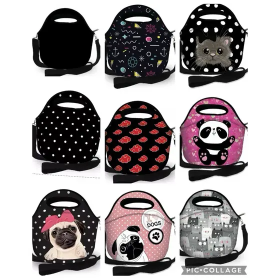Bolsa Lancheira Lanche  Escolar Marmita Fitness PRETA COLORIDA