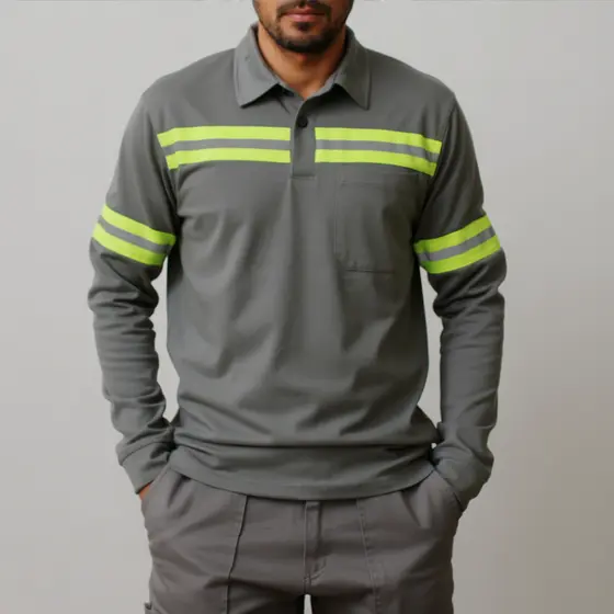 Camisa Uniforme Profissional Faixas Refletiva Gola Formal em Botão Trabalho Resistente Obra Servente