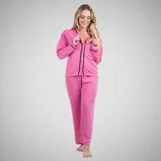 Pijama Longo Botão Confortável Roupa Dormir Amamentação Pós-cirúrgico Feminino Malha Lisa Conjunto Adulto Inverno 354