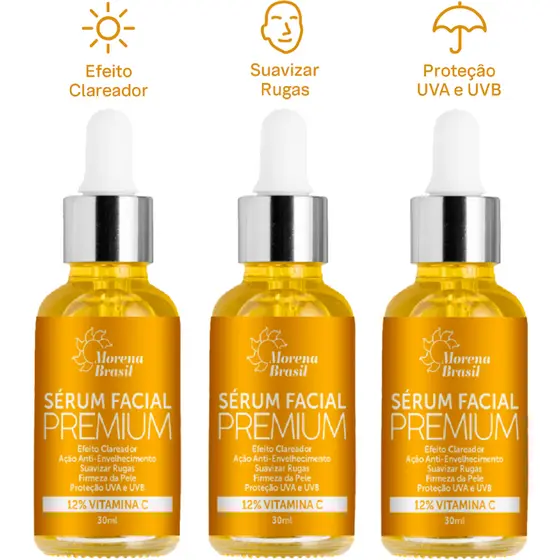 Kit 3x Sérum Premium Vitamina C – Clareia, Rejuvenesce e Hidrata
