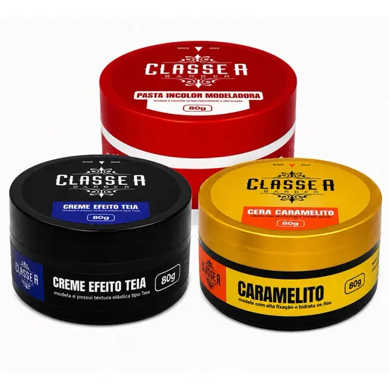 KIT 3 PASTAS MODELADORA CLASSE A 80g 1un TEIA 1un CERA 1un INCOLOR. ALTA PERFORMANCE