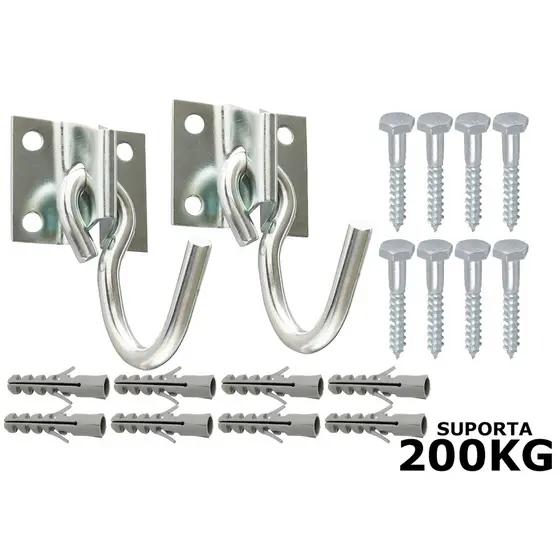 Kit Jogo Gancho De Rede Para Descanso Reforçado Galvanizado + Bucha
