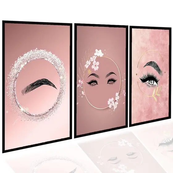 Kit 3 Quadros Decorativos Studio Design de Sobrancelhas Cílios Placa Mdf