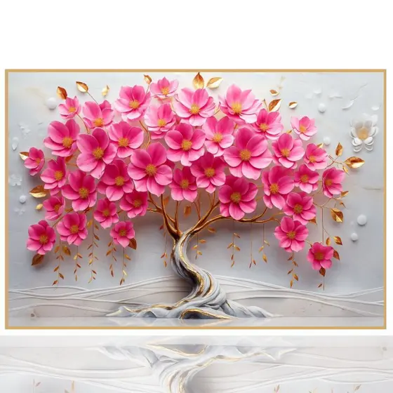 Quadro Decorativo 90x70 Grande Arvore Da Vida Petala rosa e dourado ultra resolução