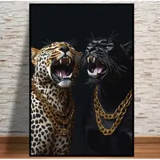 Quadro decorativo grande 1 peça 90x70 onça e pantera negra luxo gold para quarto e sala