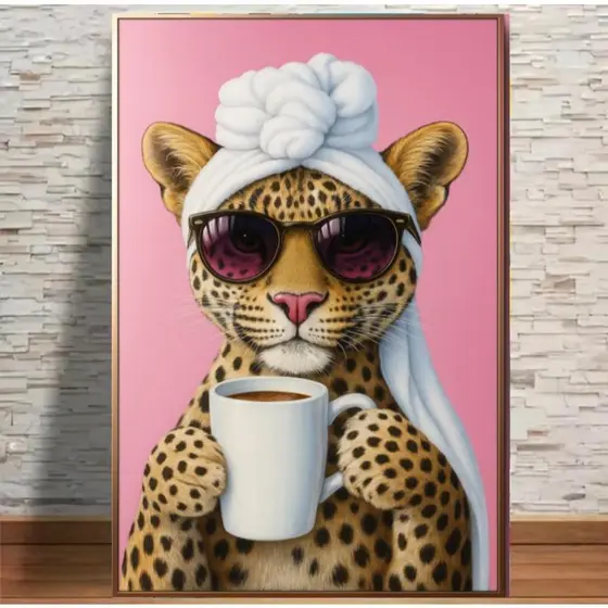 Quadro decorativo minimalista 1 peça grande onça tomando café toalha de banho luxo rose