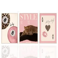 kit Quadro decorativo 3 peças style onça rosa carta ideal para quarto e sala
