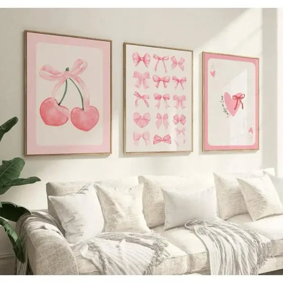 Quadro decorativo 3 peças minimalista cereja laço carta baralho rosa