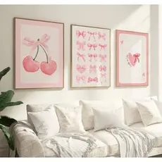 Quadro decorativo 3 peças minimalista cereja laço carta baralho rosa