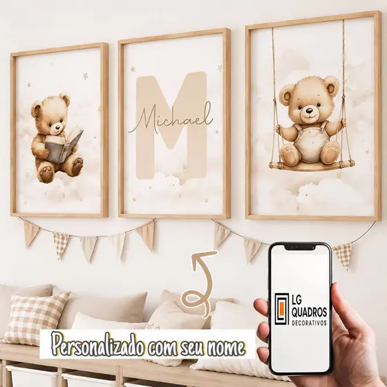kit 3 Quadros decorativos infantis personalizadas com nome urso bege para um quarto luxuoso