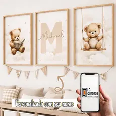 kit 3 Quadros decorativos infantis personalizadas com nome urso bege para um quarto luxuoso