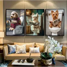 Kit 3 quadros decorativos de parede cães no banheiro ideal para banheiros luxo arte engraçada