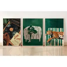 kit 3 quadros decorativos style love vinil verde luxo elegante onça casal envio rápido