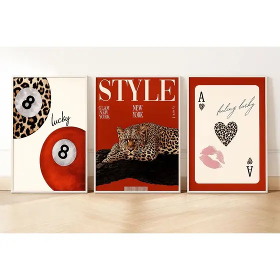 kit Quadro decorativo 3 peças style onça vermelho carta ideal para quarto e sala