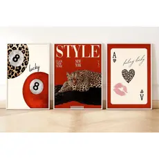 kit Quadro decorativo 3 peças style onça vermelho carta ideal para quarto e sala