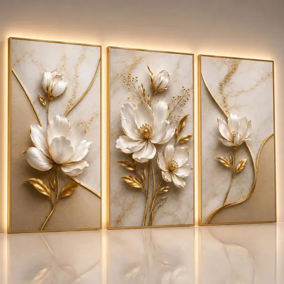 Kit 3 Quadros Decorativos Floral Branco e Dourado Luxo Flores 3D Elegante Moderno Sala Quarto MDF Premium