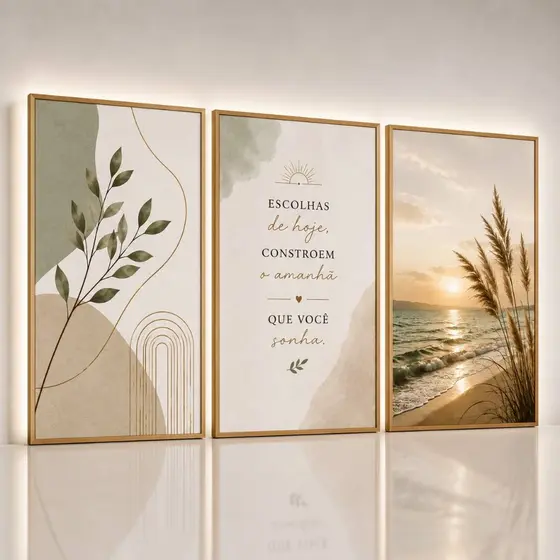 Kit 3 Quadros Decorativos Boho Bege Frases Motivacionais Sala Quarto MDF
