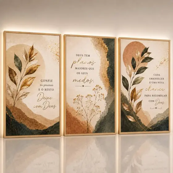 Quadro Decorativo Fé em Deus 3 Peças Confie no Processo Deus Tem Planos Maiores Sala Luxo