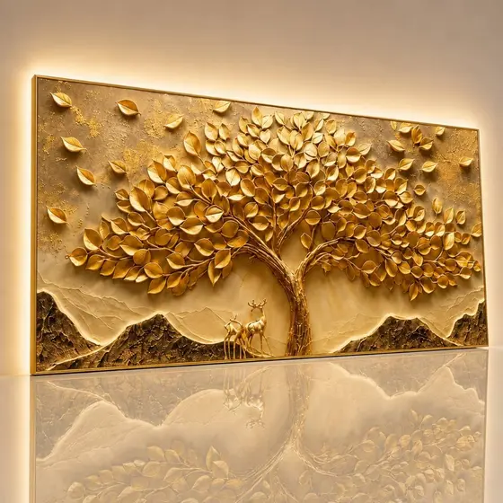 Quadro Decorativo Árvore da Vida Dourada Luxo 1 Peça Paisagem Moderna Sala Quarto MDF Premium