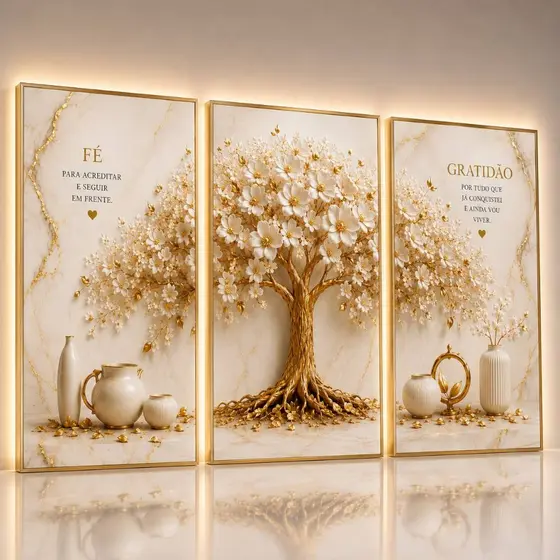 Kit 3 Quadros Decorativos Árvore da Vida Floral Fé e Gratidão Branco e Dourado Luxo Sala Quarto MDF