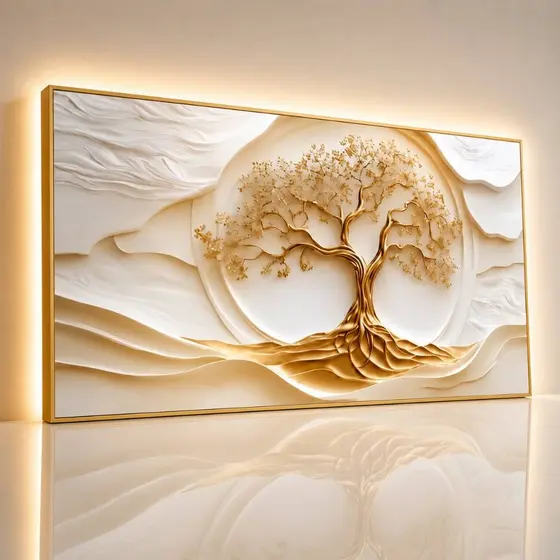 Quadro Decorativo Árvore da Vida Dourada Luxo Prosperidade e Abundância 1 Peça Grande Sala MDF Premium