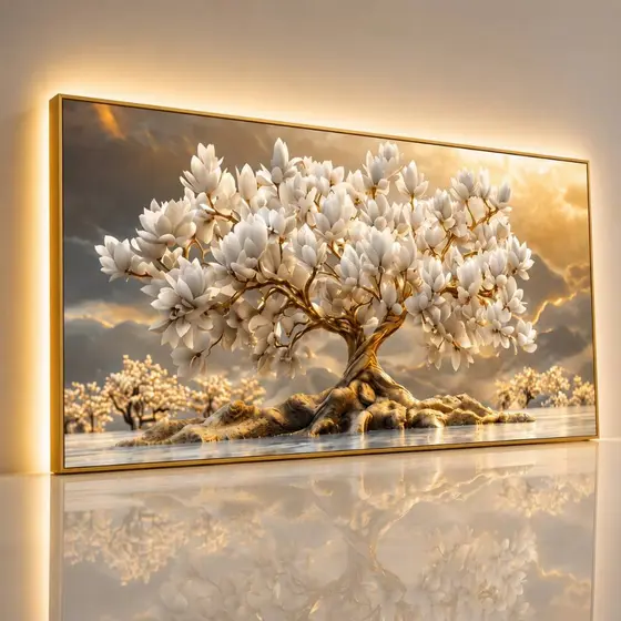 Quadro Decorativo Para Sala Floral Magnólia Branca e Dourada Premium Decoração Quarto Sofisticado