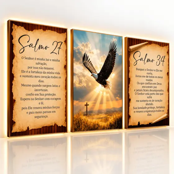 Quadro Decorativo Cristão Salmo 27 Salmo 34 Águia Cruz Bíblia Religioso Kit 3 Peças