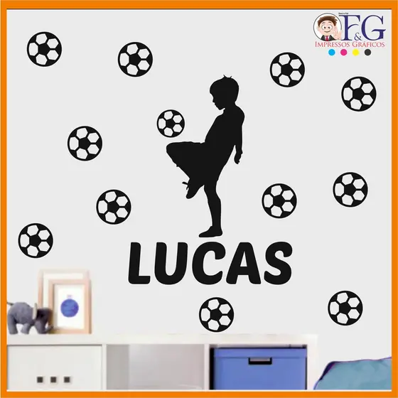 Adesivo Parede Quarto Infantil Futebol Bola + 1 Nome PRETO