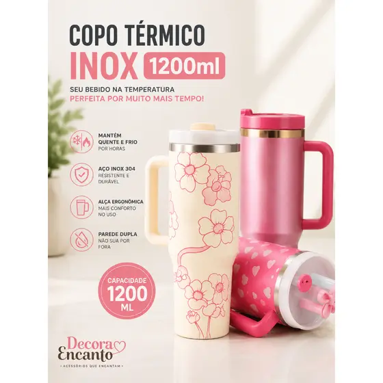 Copo Térmico Inox 1200ml com Tampa e Canudo – Bebidas Quentes e Frios
