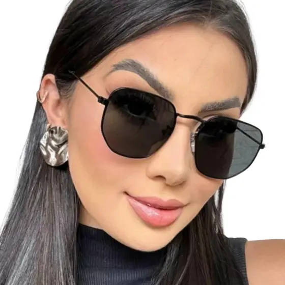 Óculos De Sol Feminino Hexagonal Preto
