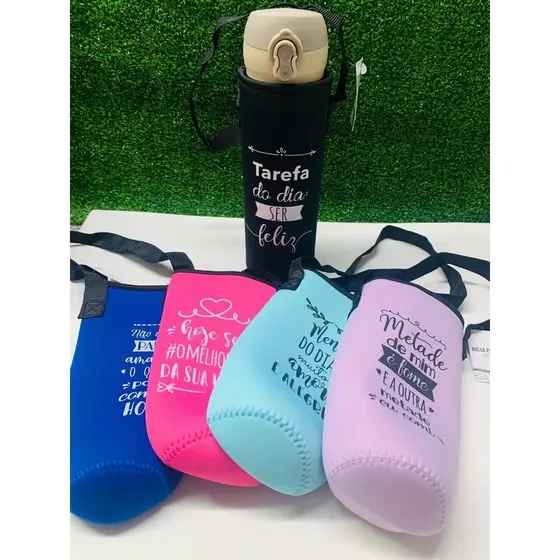 Bolsa Isolamento Termica Neoprene  Para Garrafa 500 Ml Com Alça Frase Portatil Motivacional