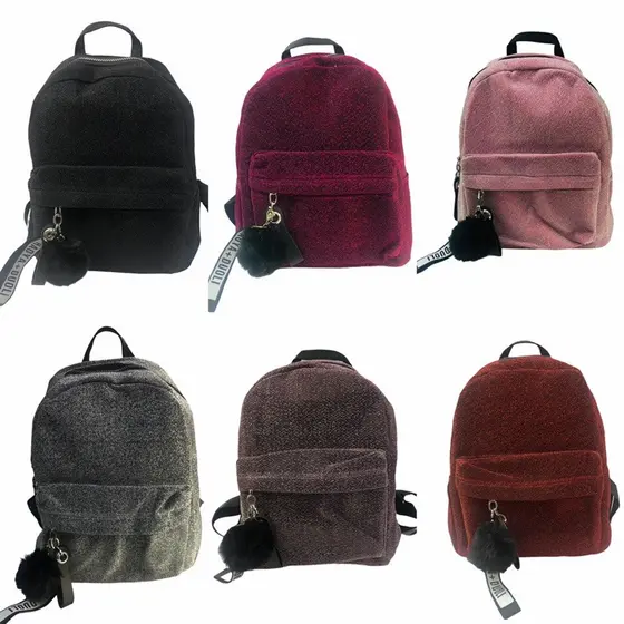 Mochila feminina glitter lisa sem orelha com chaveiro pompom (2034)