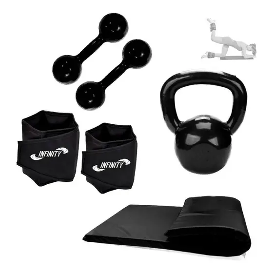 Kit Treino Fitness - Colchonete, Par Tornozeleira Peso 5kg, Par Halter 3kg + Kettlebell 06kg