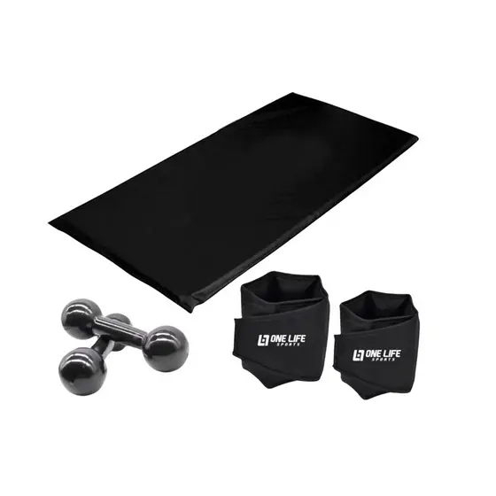 Kit Aeróbico Em Casa Caneleira 1kg + Colchonete Profissional Preto + Halter 1kg Fitness Academia