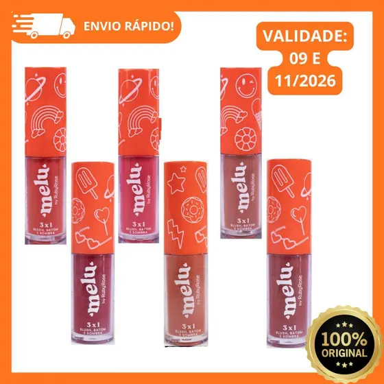 Blush, Batom E Sombra 3 Em 1 Melu Multifuncional Alta Pigmentação