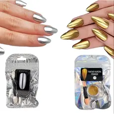Kit 2 Pó Cromado para Unhas Efeito Cromado Metálico – Dourado e Prata