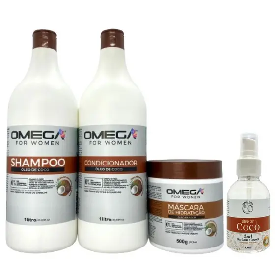 Kit Hidratação Capilar Óleo de Coco Shampoo e Condicionador 1L + Máscara + Óleo Capilar Omega Hair