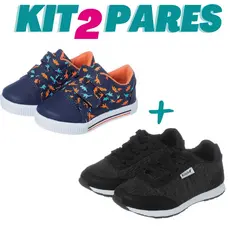 Kit 2 Pares de Tênis Infantil Escolar Dinossauro e Jogging Preto Kidstep