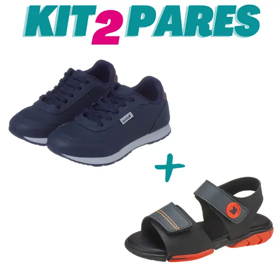 KIT 2 PARES Tênis Infantil Menino Jogging Marinho e Papete Preto com Cinza Kidstep