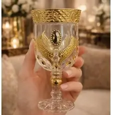Uma taça de vidro de 200ml com detalhes dourado.suco, água, vinho