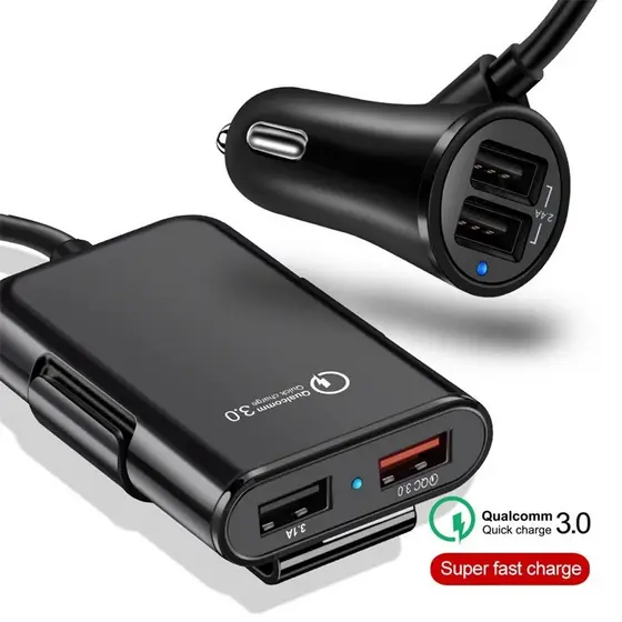 Carregador Celular Veicular 4 Portas Usb e Extensor 2 Portas