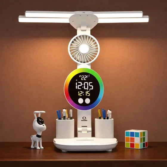 Luminária de Mesa Touch LED com Ventilador Integrado Display Digital Relógio Alarme USB Articulável ON-LM312