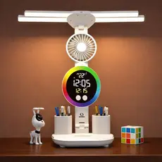 Luminária de Mesa Touch LED com Ventilador Integrado Display Digital Relógio Alarme USB Articulável ON-LM312